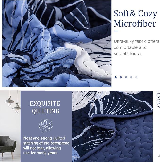 DJY 3 Pieces Quilt Set Queen Navy Blue Floral Pattern Quilt Coverlet Set - Image 5