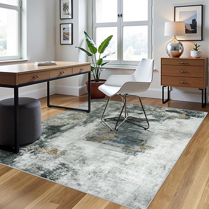 5x8 Area Rugs for Living Room Washable Bedroom Dining Room Black Gold | Modern - Image 3