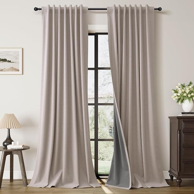 Apricot Linen 100% Blackout Living Room Drapes Curtains 84 Inch Length 2 Panels by Guken