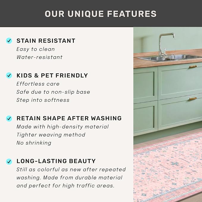 Pink and Blue Washable 5x8 Living Room Rugs, Boho Aethestic Oushak Vintage Area - Image 7