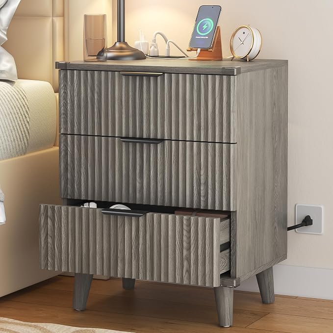 Wood Nightstands Set of 2 w/Charging Station, 3 Drawers Fluted Dresser | Dark - Image 2