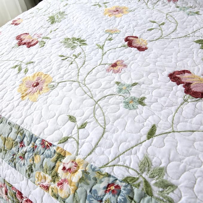 ROOMLIFE 100% Cotton Quilt Set Queen Elegant Floral Embroidery 3-Piece | - Image 6