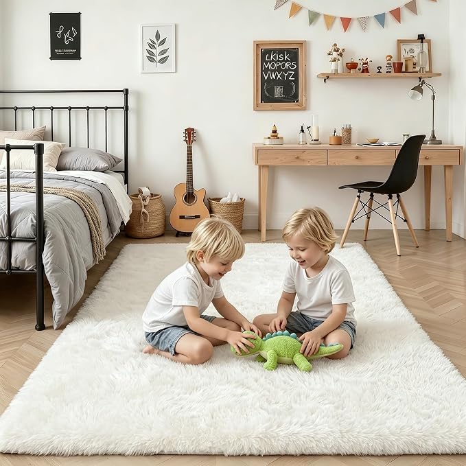 Area Rug Living Room Bedroom: 6x9 Fluffy Plush Shag Carpet Ivory | - Image 7