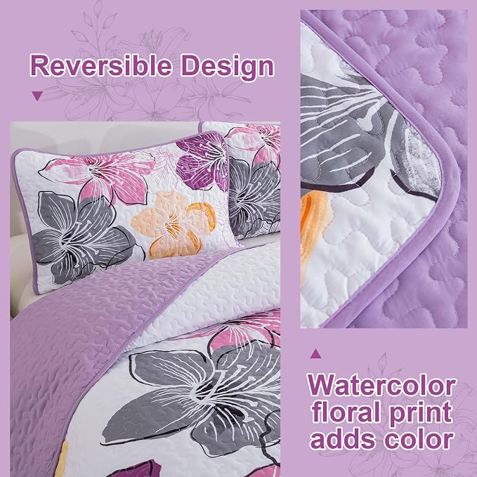 DJY 3 Pieces Quilt Set King Size Purple Floral Pattern, Colourful Floral - Image 4