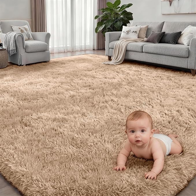 Area Rug Living Room Bedroom: 5x7 Fluffy Plush Shag Carpet Beige | - Image 2