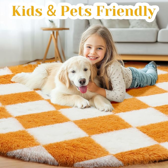 KICMOR Round Rug 4ft Orange and Cream White Circle Area Rug, Fluffy Soft Fuzzy - Image 4