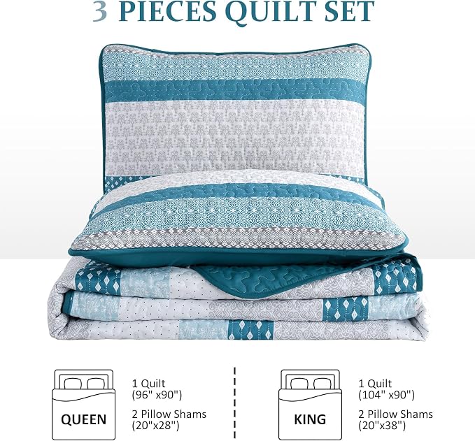 WONGS BEDDING Teal Blue Queen Size Quilt Set, Boho Striped Bedspread | 3 Pieces - Image 8