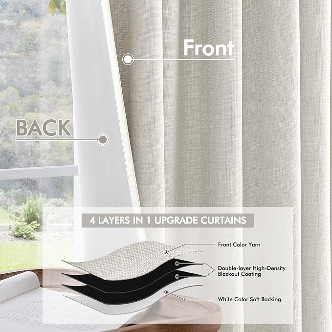 MIULEE 100% Blackout Back Tab Pleat Linen Curtains 50" Wx102 L, Thick Faux Linen - Image 5