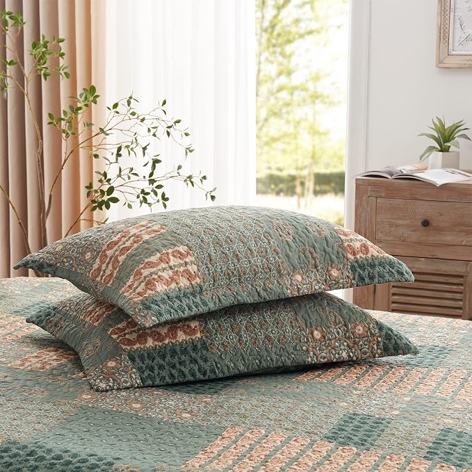 2 Pieces Twin Size Quilt Set Olive Green Paisley Bedspread Coverlet Lightweight - Image 7