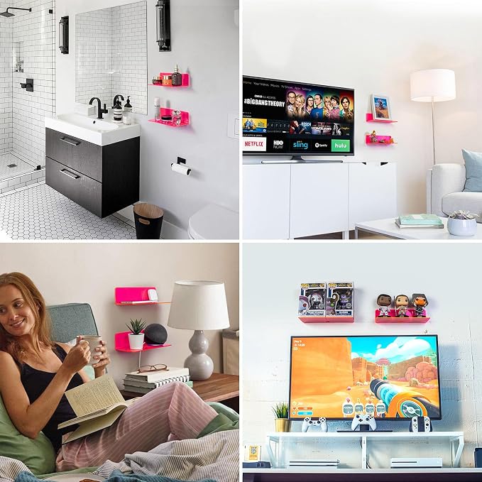 OAPRIRE Acrylic Floating Wall Shelves Fluorescent Pink, No Drill, 9 Inch 2P | - Image 3
