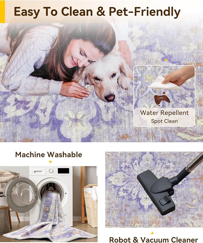 RELEANY Washable Area Rug, Water Repellent, Pet Friendly, Vintage Floral Boho - Image 3