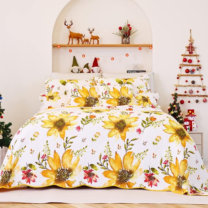 EVENHUG 100% Cotton Quilt King Size Yellow Sunflower Bedding Set Floral - Image 6