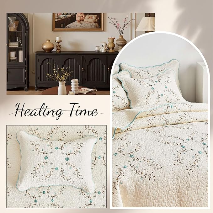 ROOMLIFE Quilt Set Queen Size 3D Floral Embroidery Pattern 3-Piece Cotton | - Image 7