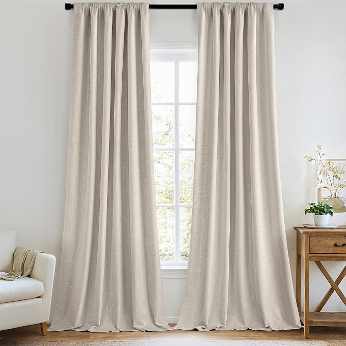 MIULEE 100% Blackout Back Tab Pleat Linen Curtains 50" Wx96 L, Thick Faux Linen by MIULEE