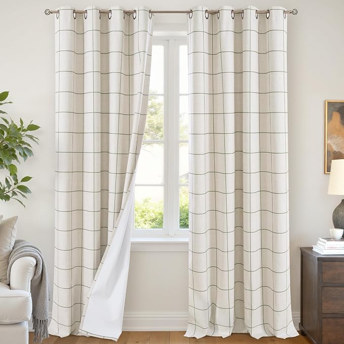 Plaid Blackout Curtains 96 Inch Long, 52 Wide 2 Panels, Dark Green | Linen by Lajode