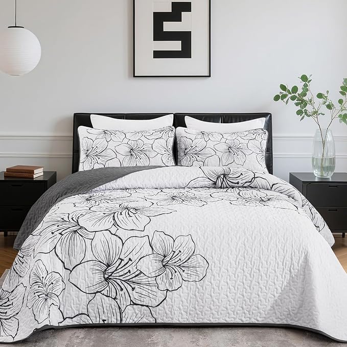 DJY White Quilt Set King 3 Pieces Floral Bedding Quilt Set Soft Botanical by HOME