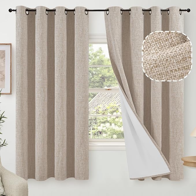 Beige Linen Blackout Curtains 63 Inch Long Each 60 Wide 2 Panels | Thermal by Lajode