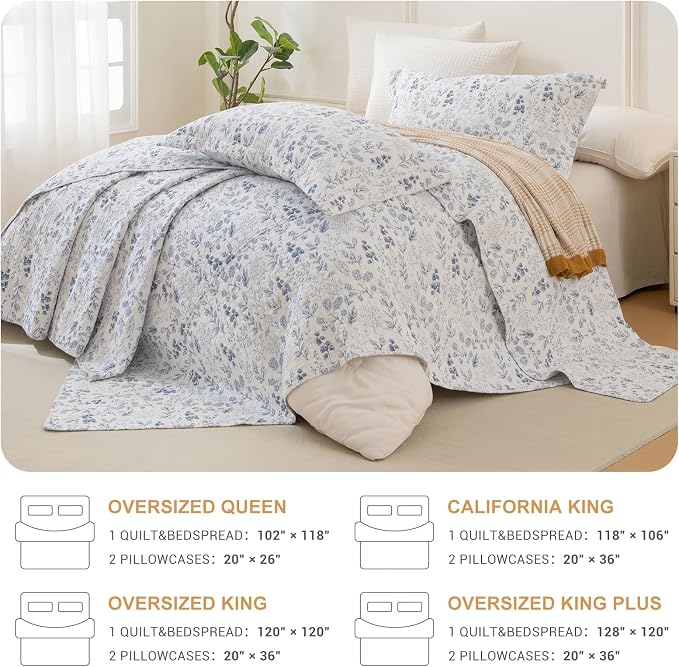 QSH Oversized King Quilt Bedspreads Set, 100% Cotton Blue & White Floral Leaves - Image 4