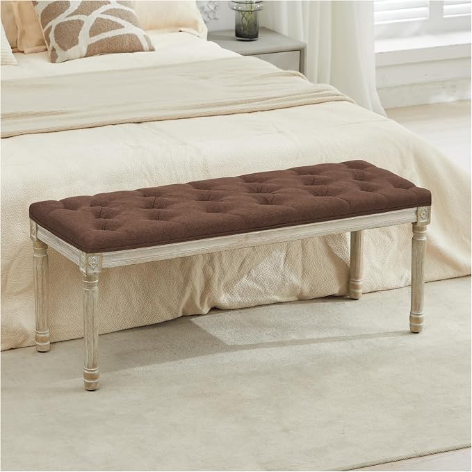 LOULENS 43.9" Linen End of Bed Bench, Vintage Bedroom Bench, Upholstered by LOULENS