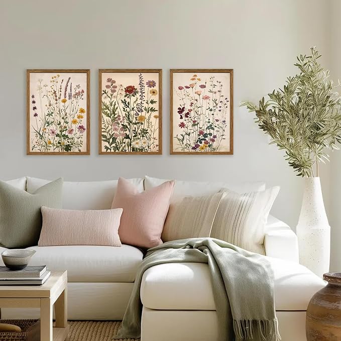 WRFON Botanical and Flower Canvas Wall Art, Framed Wildflower Wall Art Set of 3 - Image 4