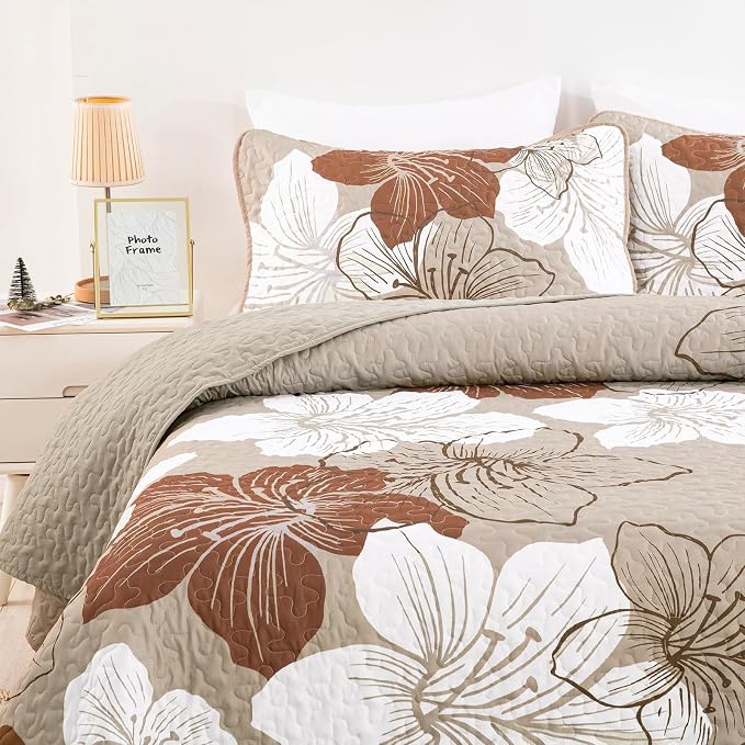 DJY Quilt Queen Size, Fall Taupe Floral Boho Bedspread Bedding Set 3 Pcs | - Image 8