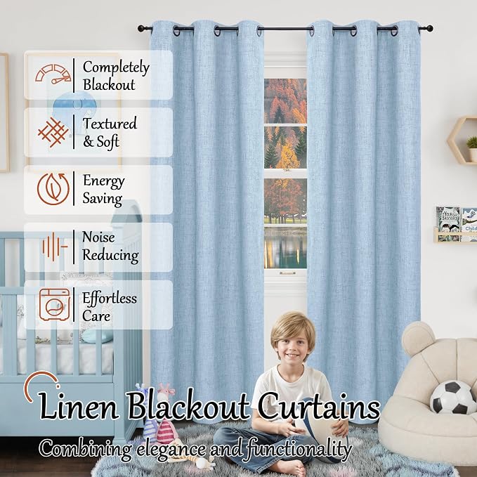 Baby Blue Linen Blackout Curtains 80 Inch Long Each 38 Wide 2 Panels | Thermal - Image 2
