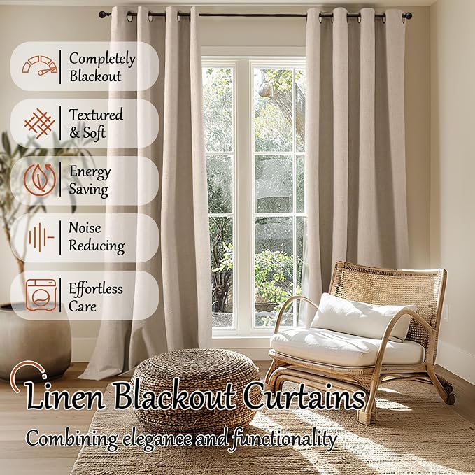 Beige Linen Blackout Curtains 84 Inch Long Each 60 Wide 2 Panels | Thermal - Image 2