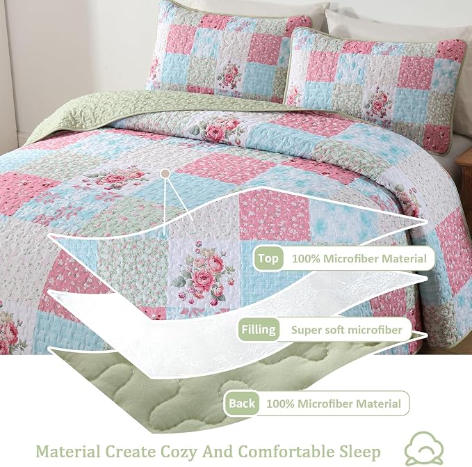 Mybedsoul Blue Pink Patchwork Queen Size Quilt, Soft Boho Floral Spring - Image 3