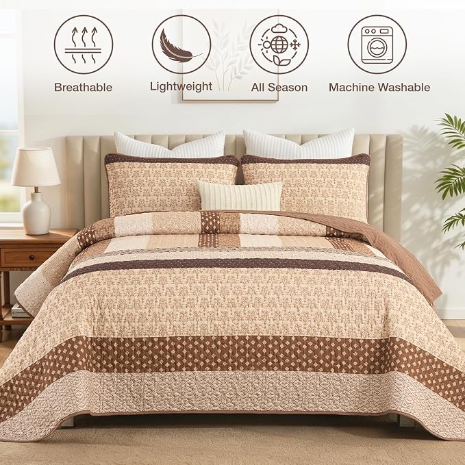 WONGS BEDDING Brown Stripe Quilt King Size, Boho Bedspread Sets | 3 Pieces - Image 2