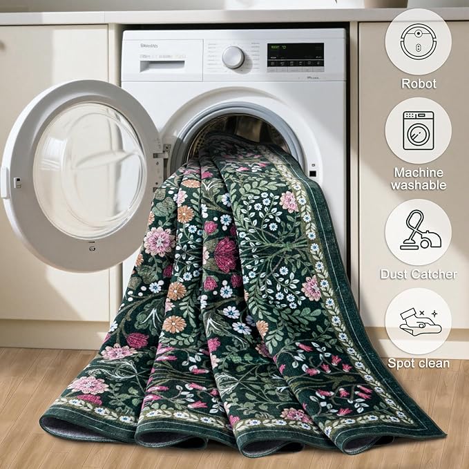 PLHXFR Area Rug 10x12 Living Room: Floral Washable Boho Carpet Dark Green | - Image 5