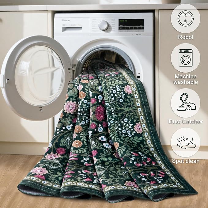 PLHXFR 2x5 Washable Runner Rug：Floral Indoor Kitchen Carpet Dark Green | - Image 9