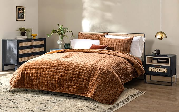 RECYCO Velvet Quilt Set, Oversized Cal King 118"x106", Rusty Burnt Orange | - Image 3