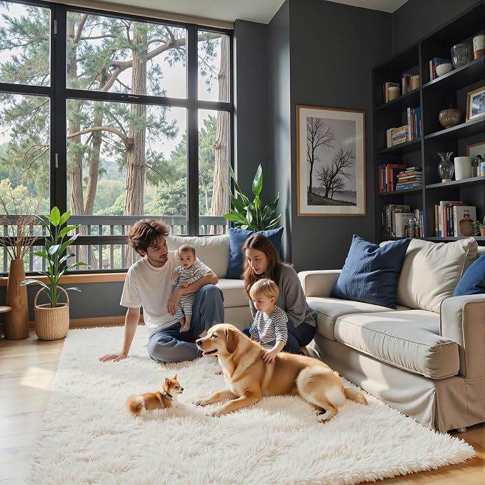 5x8 Cream Shag Area Rug for Living Room, Fluffy Plush Carpet | Non-Slip Large - Image 4