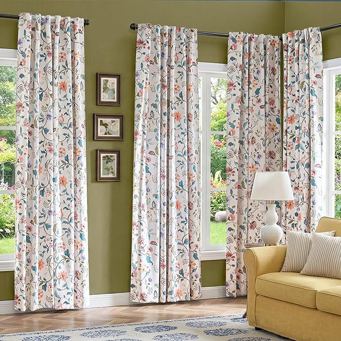 jinchan Beige Floral Blackout Curtains 96 Inch Back Tab 2 Panels Set | Room - Image 3