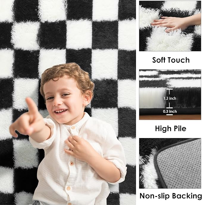 KICMOR Rugs for Living Room, 5x8 Area Rug Black and White Fluffy Shag Soft - Image 2