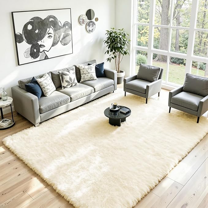 8x10 Fluffy Area Rug for Living Room: Non-Slip Cream White Bedroom Carpet | - Image 2