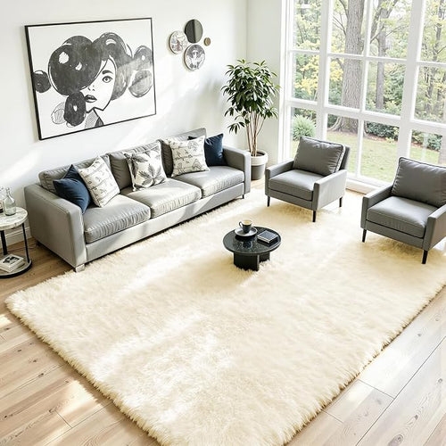 9x12 Fluffy Area Rug for Living Room: Non-Slip Cream White Bedroom Carpet | - Image 2