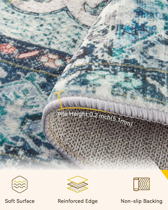 RELEANY Washable Area Rug, Round 5ft, Teal Green/White/Navy | Non-Slip - Image 4