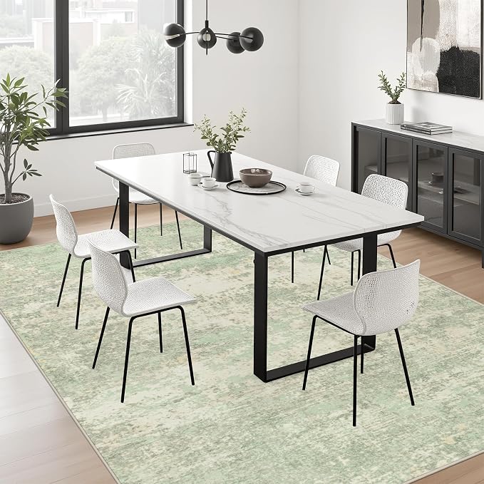 8x10 Area Rug Living Room: Modern Washable Soft Carpet Green Cream | - Image 4
