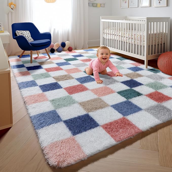 KICMOR 6x9 Area Rugs for Living Room, Large Fluffy Soft Colorful Checkered - Image 5