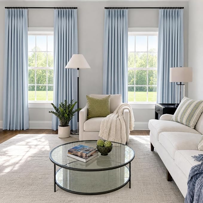 Pinch Pleated Full Blackout Faux Linen Curtains 90 Inches Long | Chambray Blue - Image 5