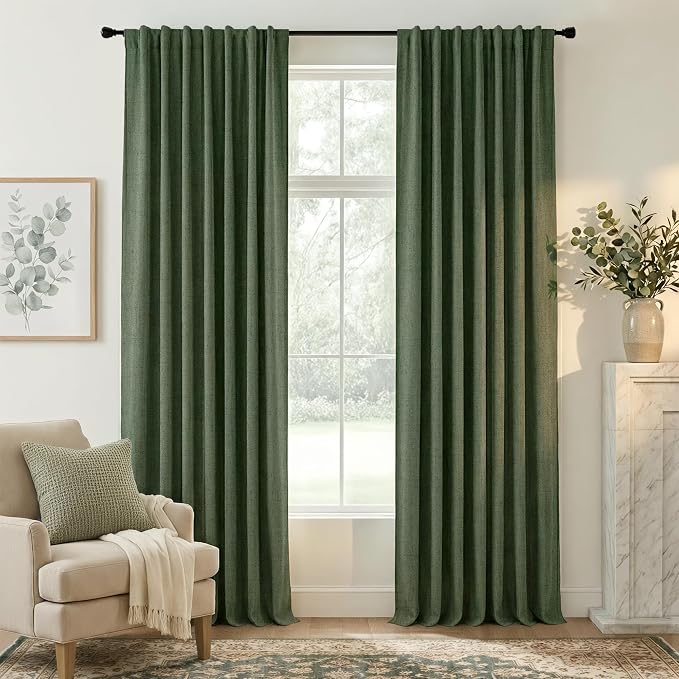 RYB HOME Olive Green 100% Blackout Linen Curtains 108 Inch by RYBHOME