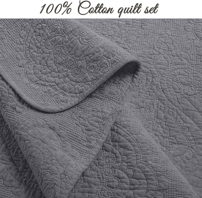 Cozy Line Home Fashions Charcoal Gray Cotton Quilt Set – 3-Piece Solid Textured - Image 3