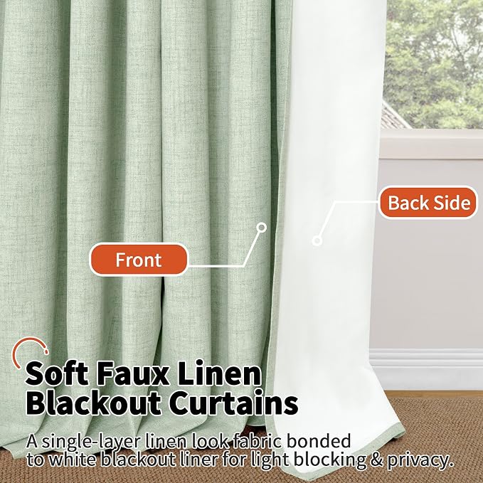 Linen Blackout Curtains 54 Inches Long 2 Panels Each 52 Wide Sage | Thermal - Image 8