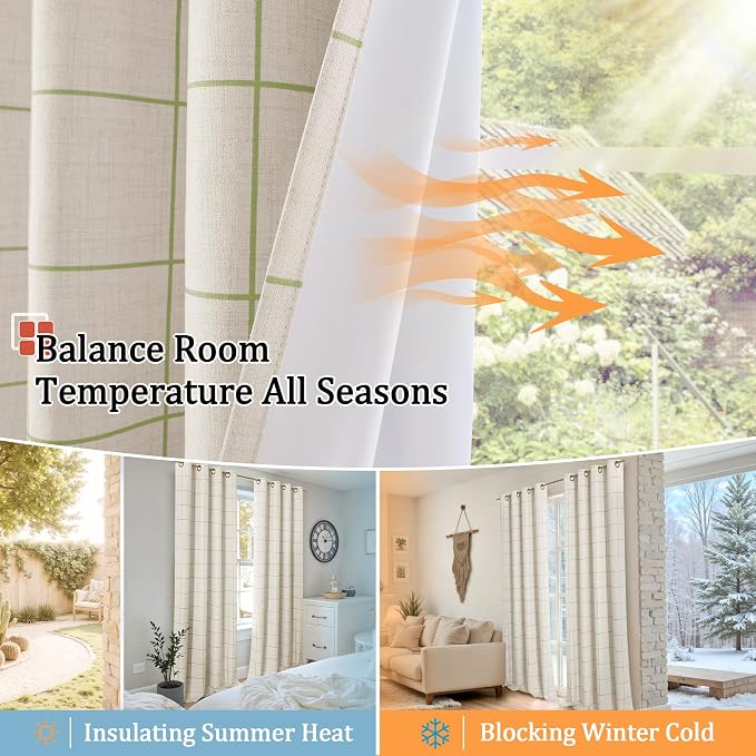 Plaid Curtains 90 Inches Long, 2 Panels Each 52 Wide, Sage | Linen Textured - Image 7