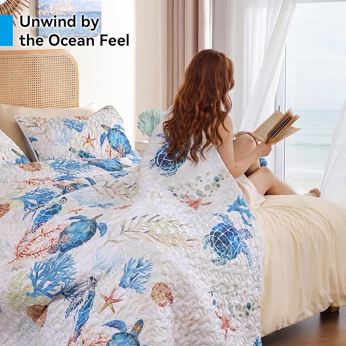 weigelia Coastal Quilt King Size, Sea Turtle Lightweight Summer Bedding | Sea - Image 4