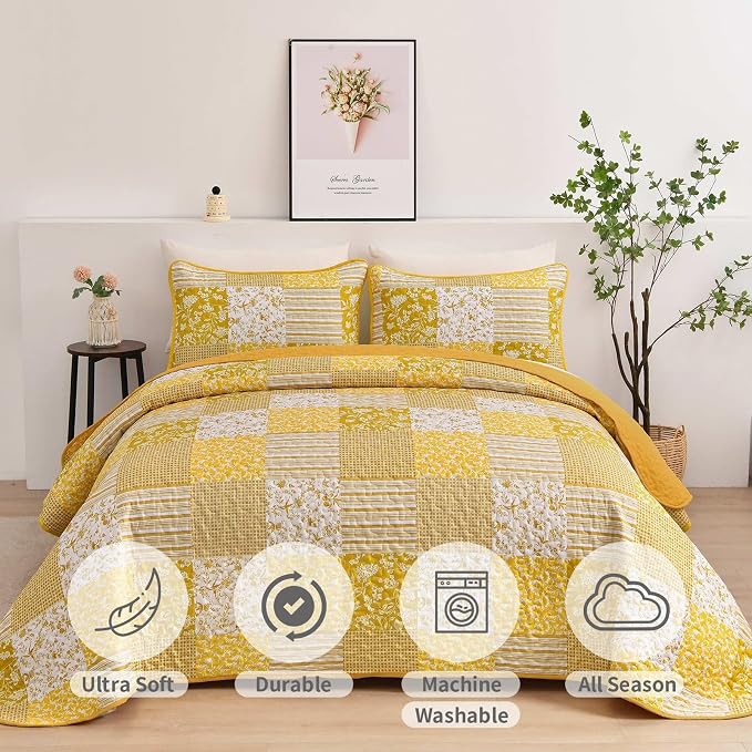 Mybedsoul Yellow Boho Quilt Set Twin Size Dorm Bedding, 2 Pieces Plaid Floral - Image 4