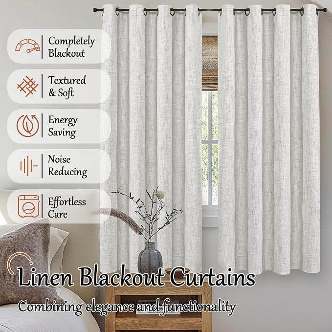 Light Grey Linen Blackout Curtains 63" Long Each 60 Wide 2 Panels | Thermal - Image 2