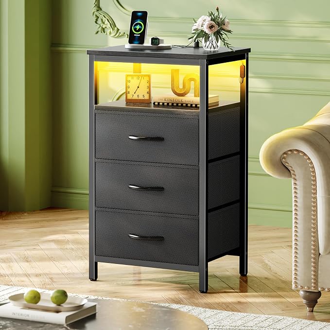 Huuger Night Stand with Charger Station and LED Lights, 3 Drawer Nightstand | - Image 2