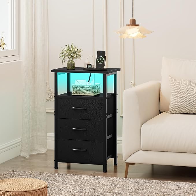 Night Stand with Charging Station, LED Nightstand - Image 7